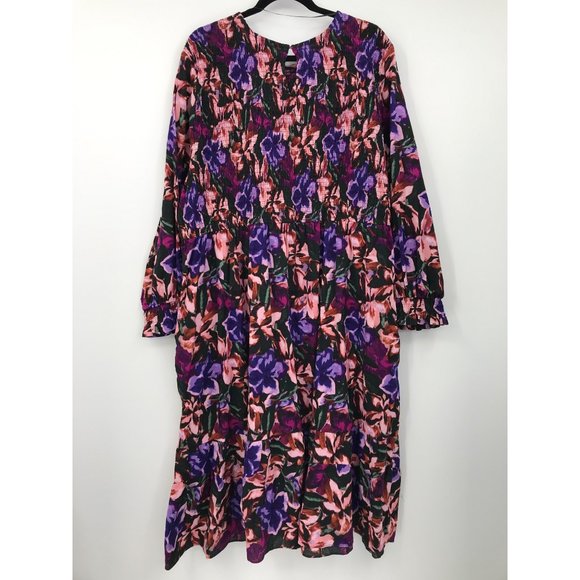 Terra & Sky Tiered Peasant Boho Smocked Midi Dress Purple Floral 3X NEW - Picture 6 of 6